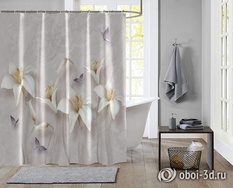 Шторы для ванной «Бабочки и объемные лилии» вид 2