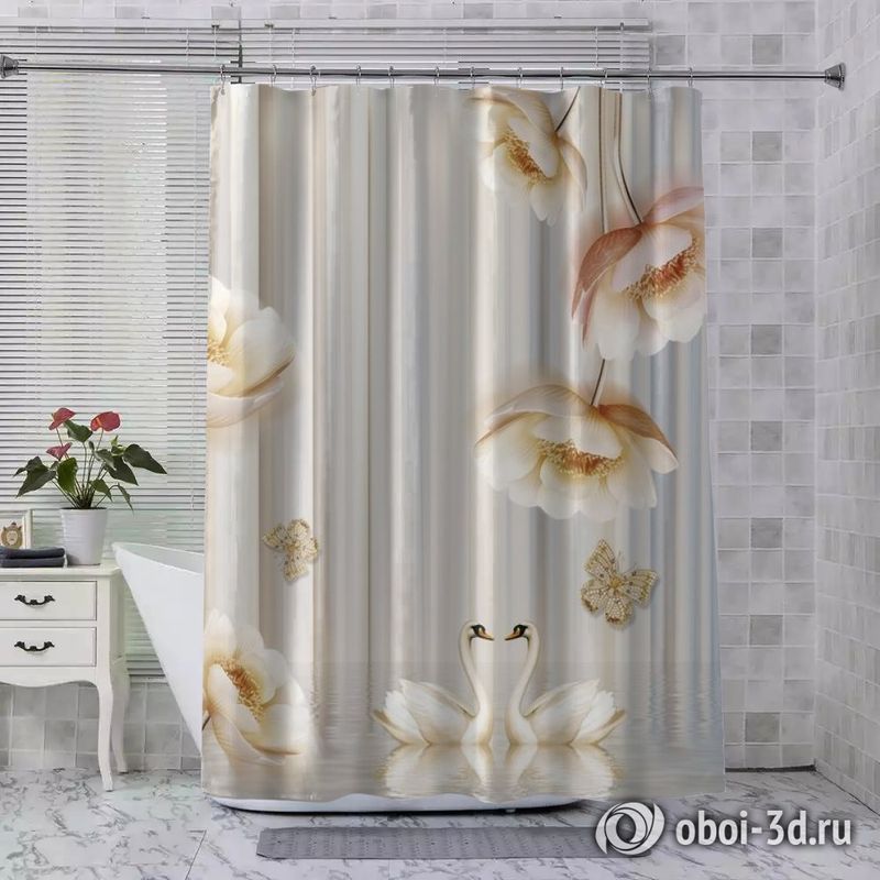 Шторы для ванной «Лебеди с объемными цветами и бабочками» вид 8