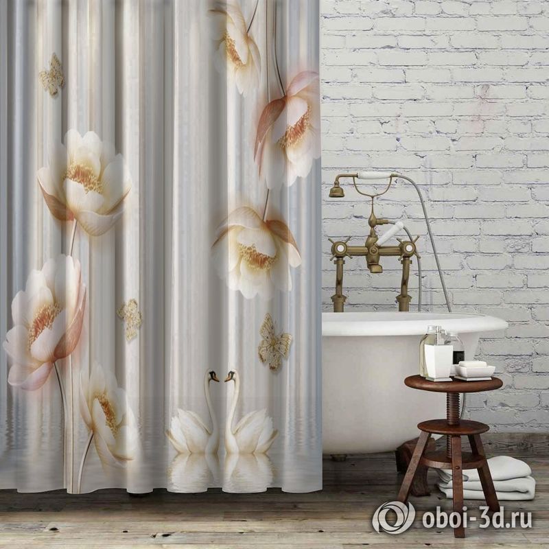 Шторы для ванной «Лебеди с объемными цветами и бабочками» вид 6