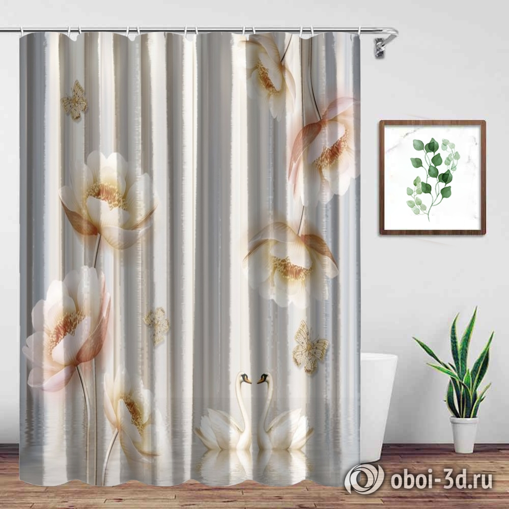 Шторы для ванной «Лебеди с объемными цветами и бабочками» вид 3