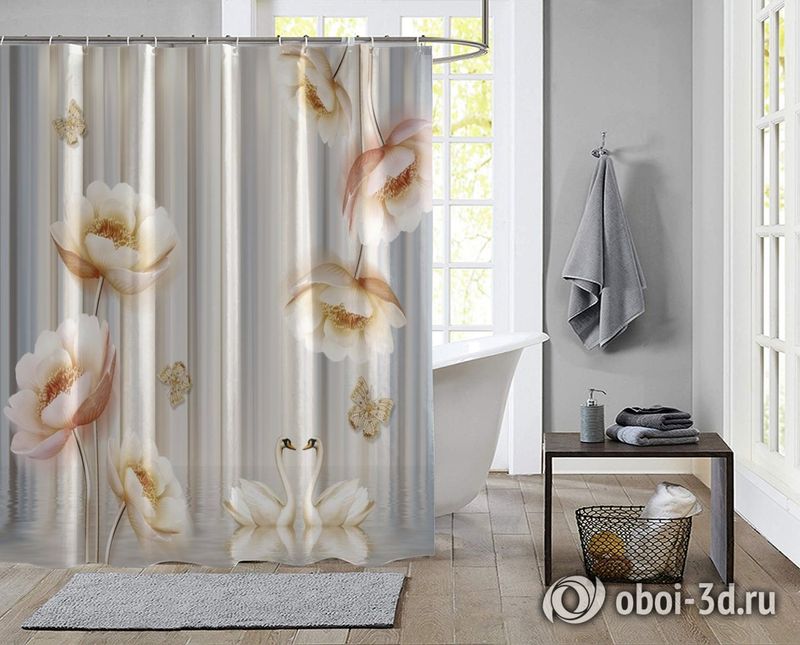 Шторы для ванной «Лебеди с объемными цветами и бабочками» вид 2
