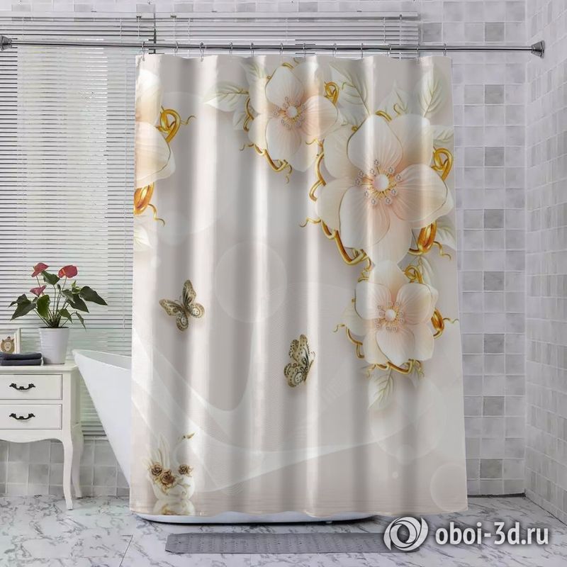 Шторы для ванной «Цветочная композиция с лебедями и бабочками» вид 8