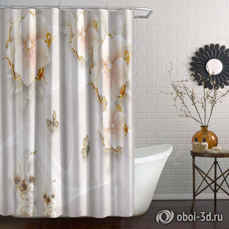 Шторы для ванной «Цветочная композиция с лебедями и бабочками» вид 5