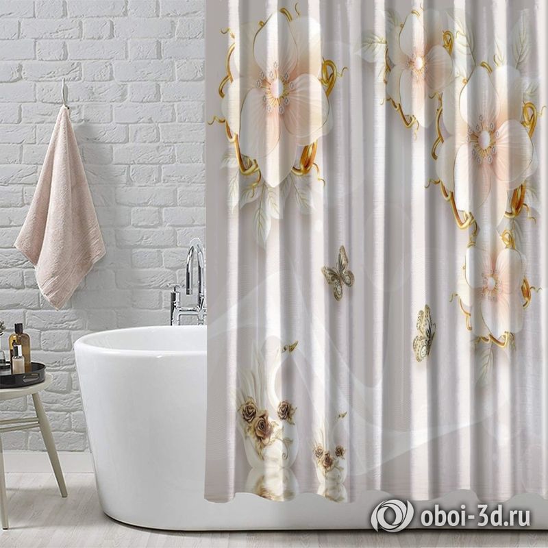 Шторы для ванной «Цветочная композиция с лебедями и бабочками» вид 4