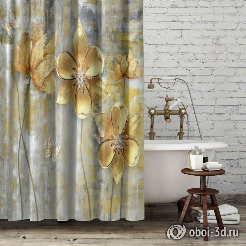 Шторы для ванной «Золотые цветы на художественном холсте» вид 6