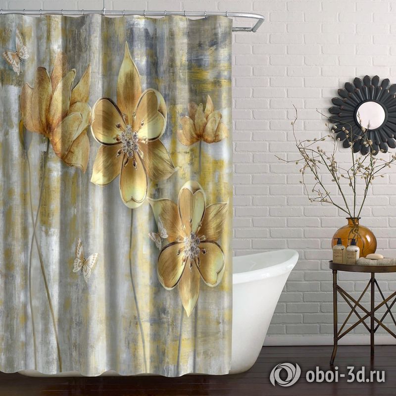 Шторы для ванной «Золотые цветы на художественном холсте» вид 5
