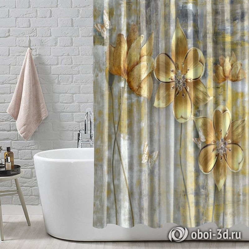 Шторы для ванной «Золотые цветы на художественном холсте» вид 4