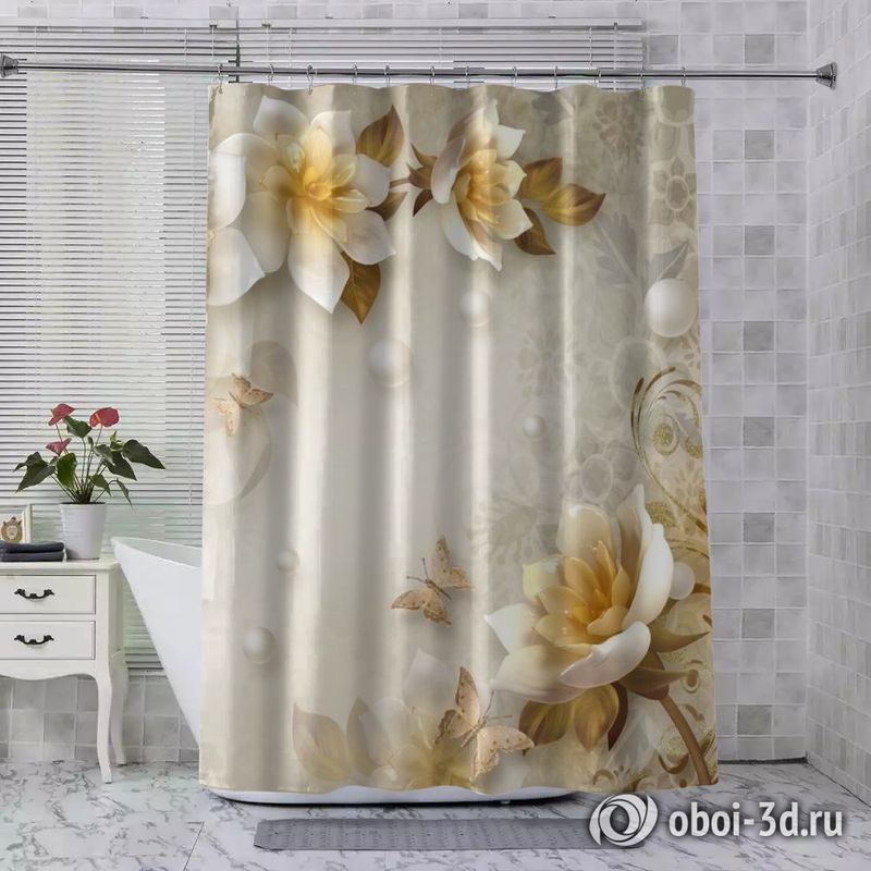 Шторы для ванной «Барельефные розы в горчичных тонах» вид 7