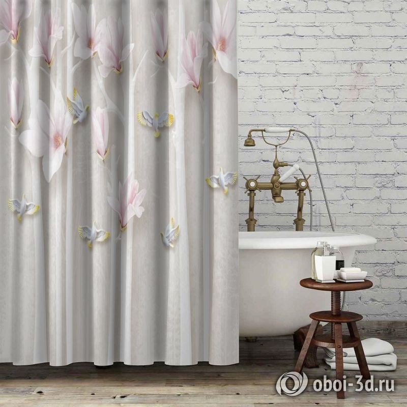 Шторы для ванной «Птички в цветущих деревьях» вид 6