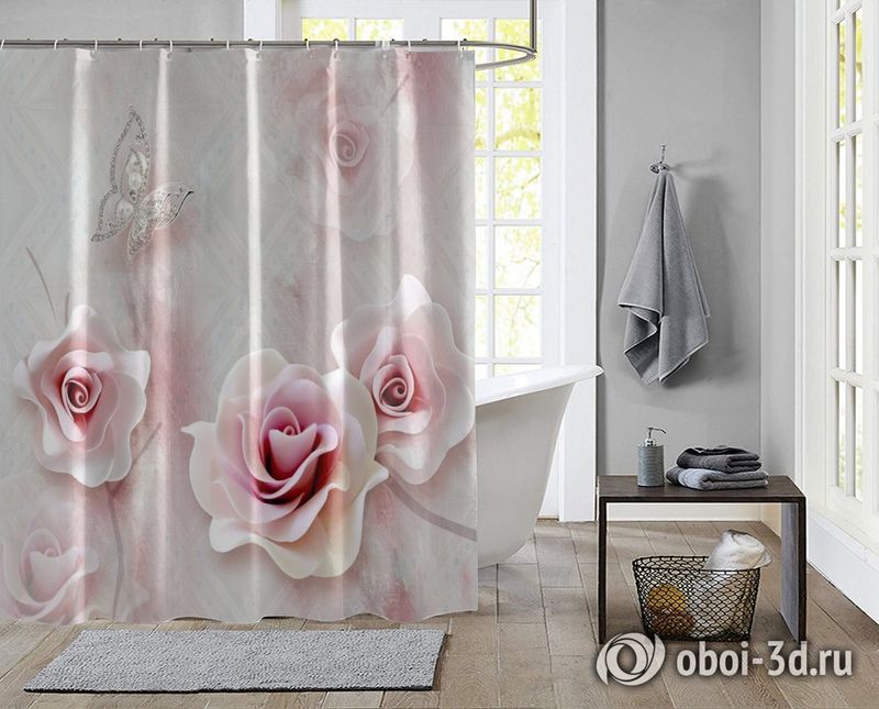 Шторы для ванной «Розы с ювелирной бабочкой» вид 2