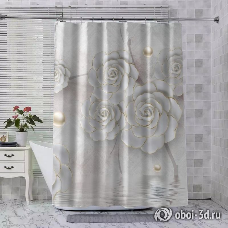 Шторы для ванной «Нежные керамические цветы с золотом» вид 8