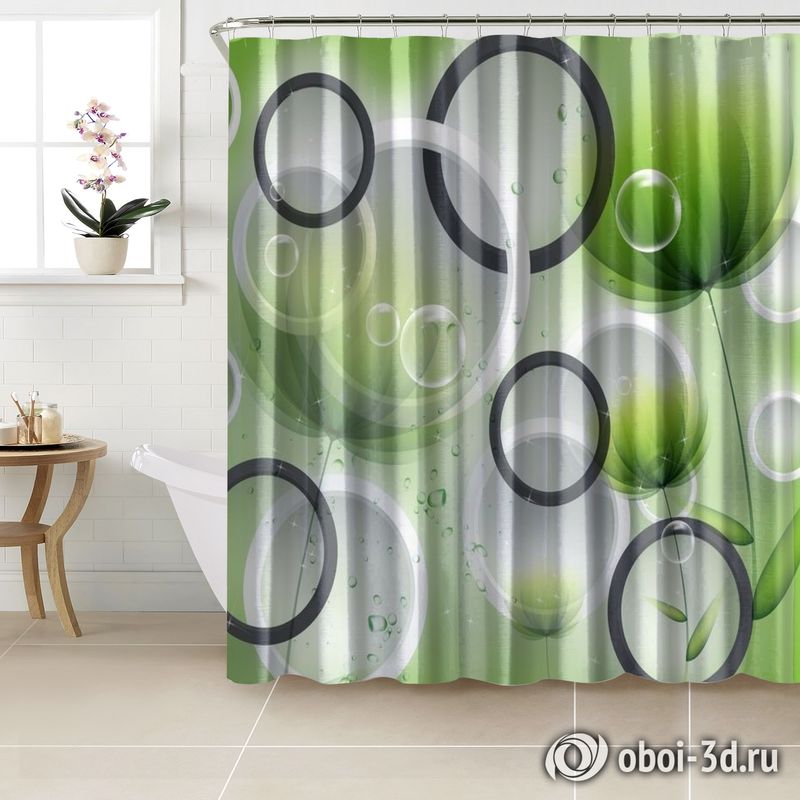 Шторы для ванной «Салатовые цветы с объемными кольцами» вид 3