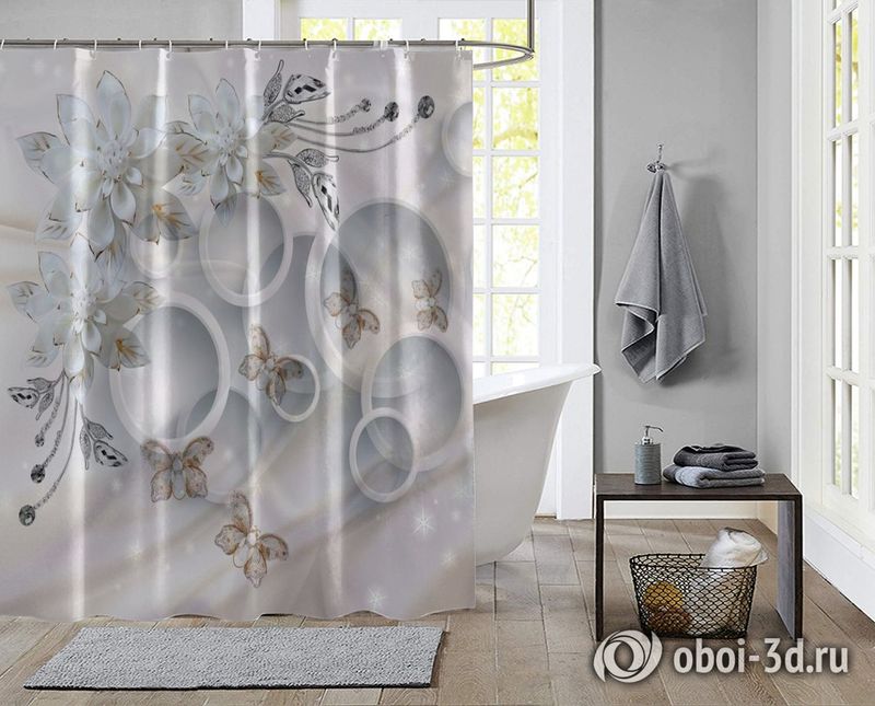 Шторы для ванной «Объемные круги с драгоценными цветами и бабочками» вид 2