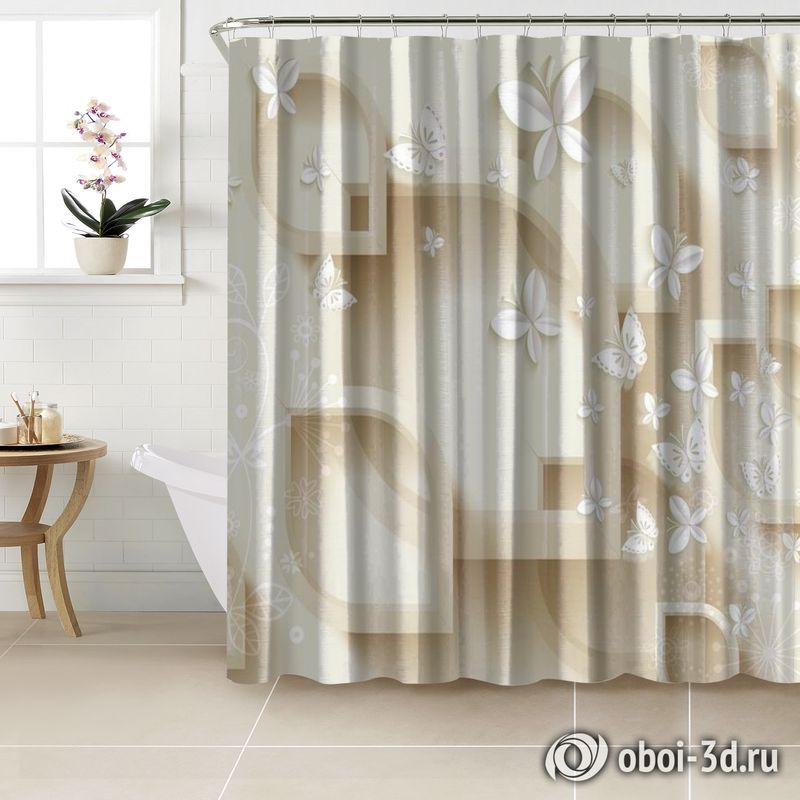 Шторы для ванной «Объемная кремовая композиция с бабочками» вид 3