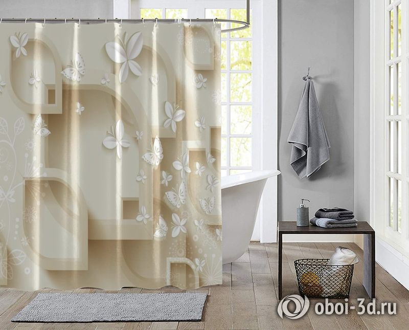 Шторы для ванной «Объемная кремовая композиция с бабочками» вид 2