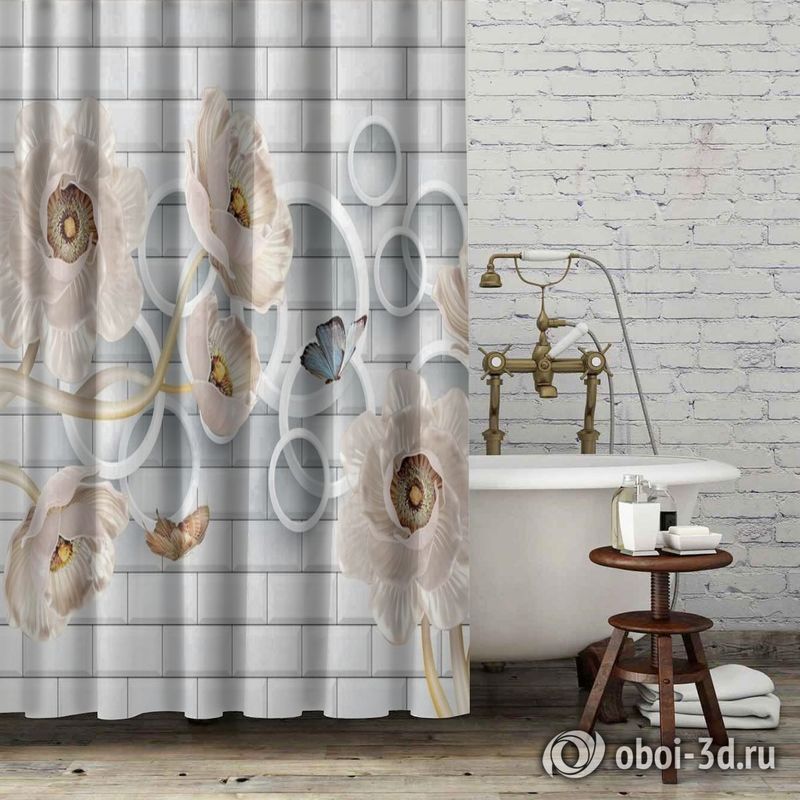 Шторы для ванной «Кованые цветы с кольцами на кирпичной стене» вид 6