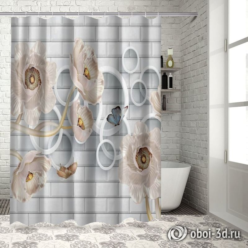 Шторы для ванной «Кованые цветы с кольцами на кирпичной стене» вид 5