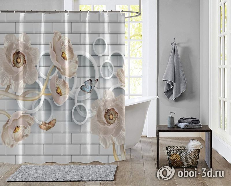 Шторы для ванной «Кованые цветы с кольцами на кирпичной стене» вид 2