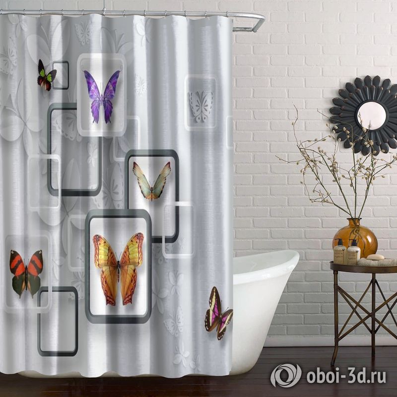 Шторы для ванной «Яркие бабочки на объемном фоне» вид 4