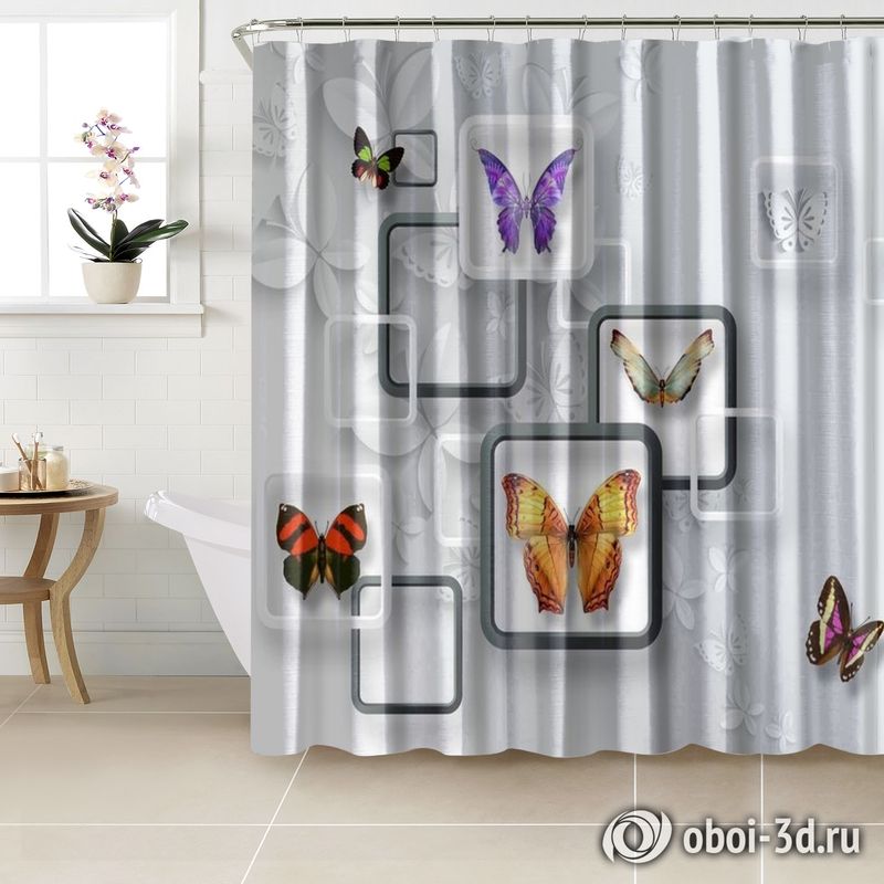 Шторы для ванной «Яркие бабочки на объемном фоне» вид 3