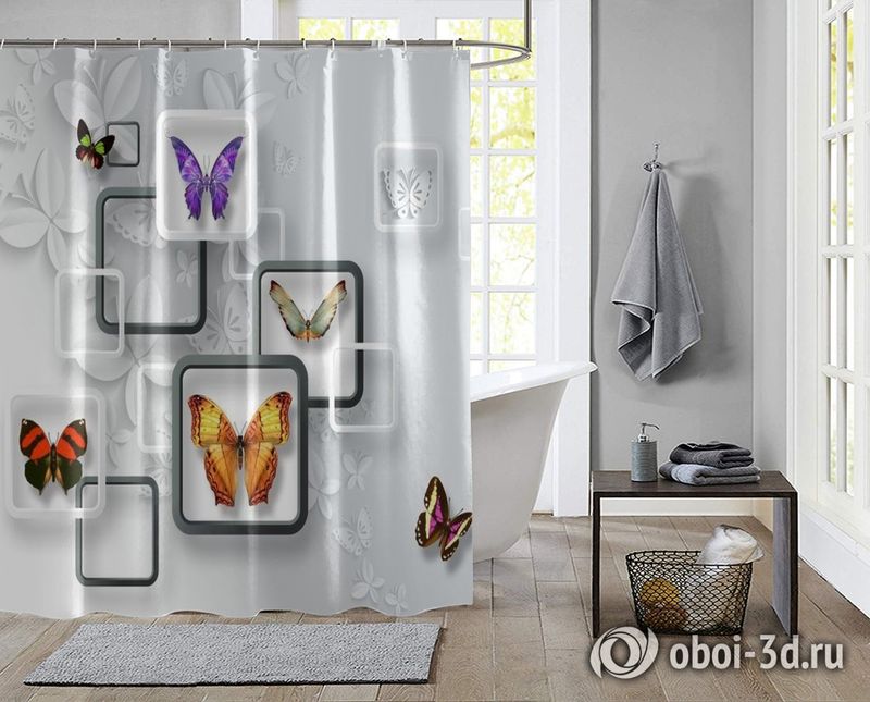 Шторы для ванной «Яркие бабочки на объемном фоне» вид 2