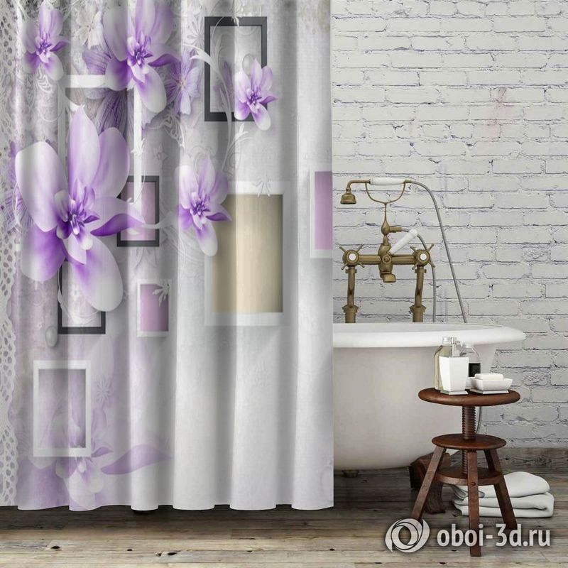 Шторы для ванной «Обьемная цветочная композиция в сиреневых тонах» вид 6
