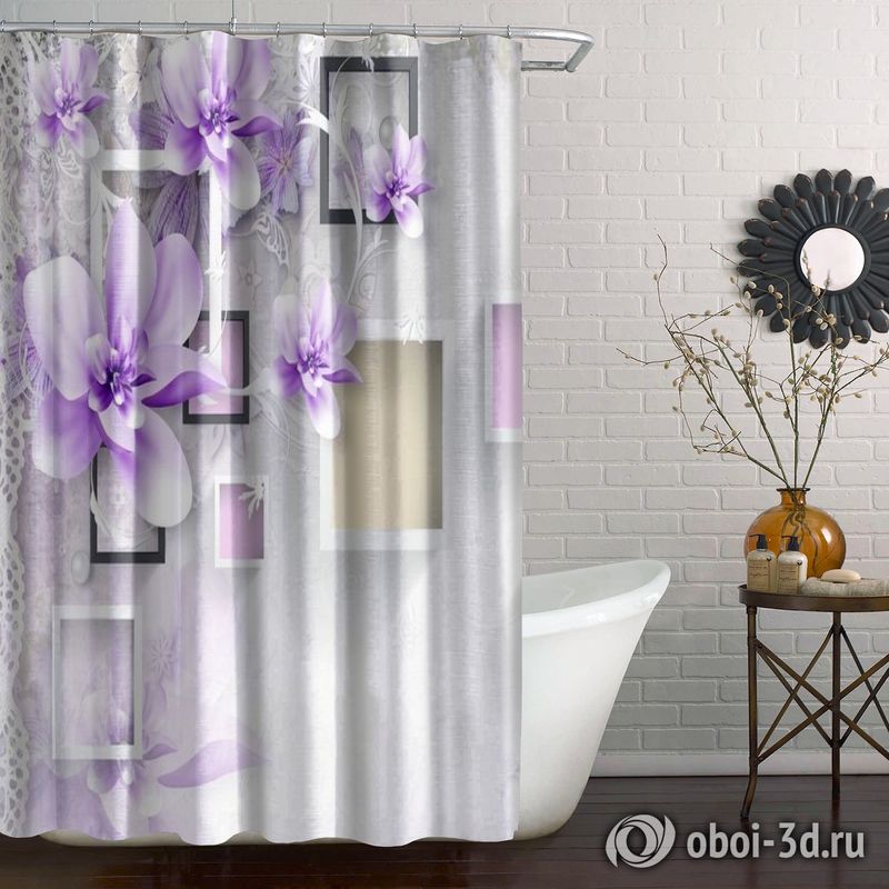 Шторы для ванной «Обьемная цветочная композиция в сиреневых тонах» вид 4