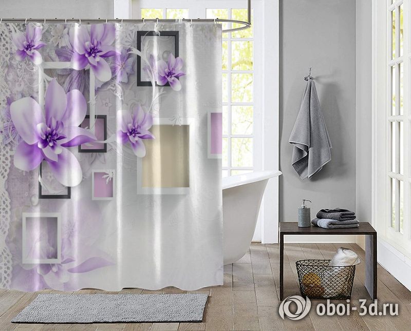 Шторы для ванной «Обьемная цветочная композиция в сиреневых тонах» вид 2