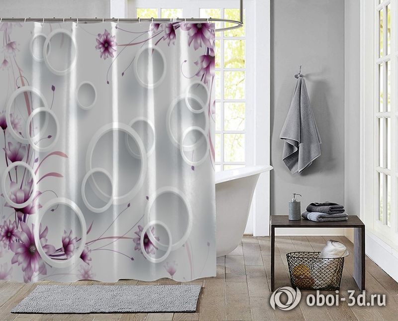 Шторы для ванной «Объемные белые кольца с полевыми цветами» вид 2