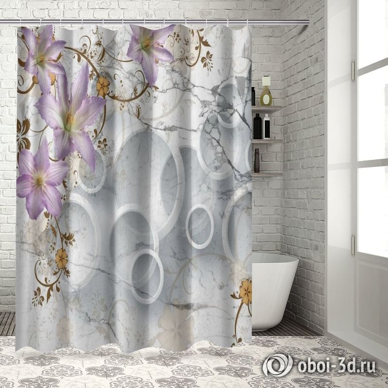 Шторы для ванной «Лилии с объемными кругами на мраморе» вид 5