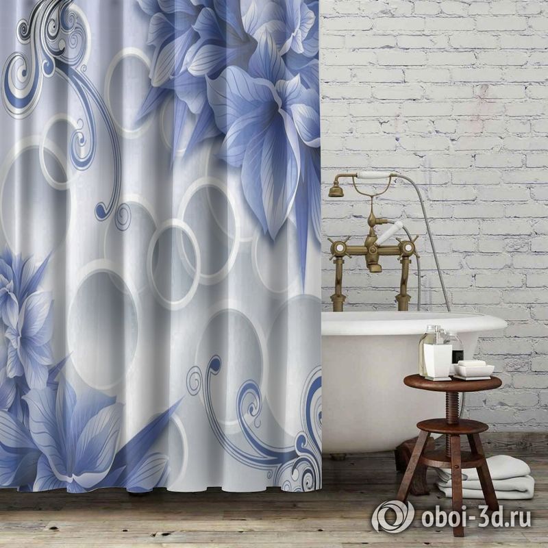 Шторы для ванной «Синие цветы на фоне с кругами» вид 6