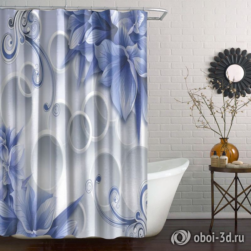 Шторы для ванной «Синие цветы на фоне с кругами» вид 4