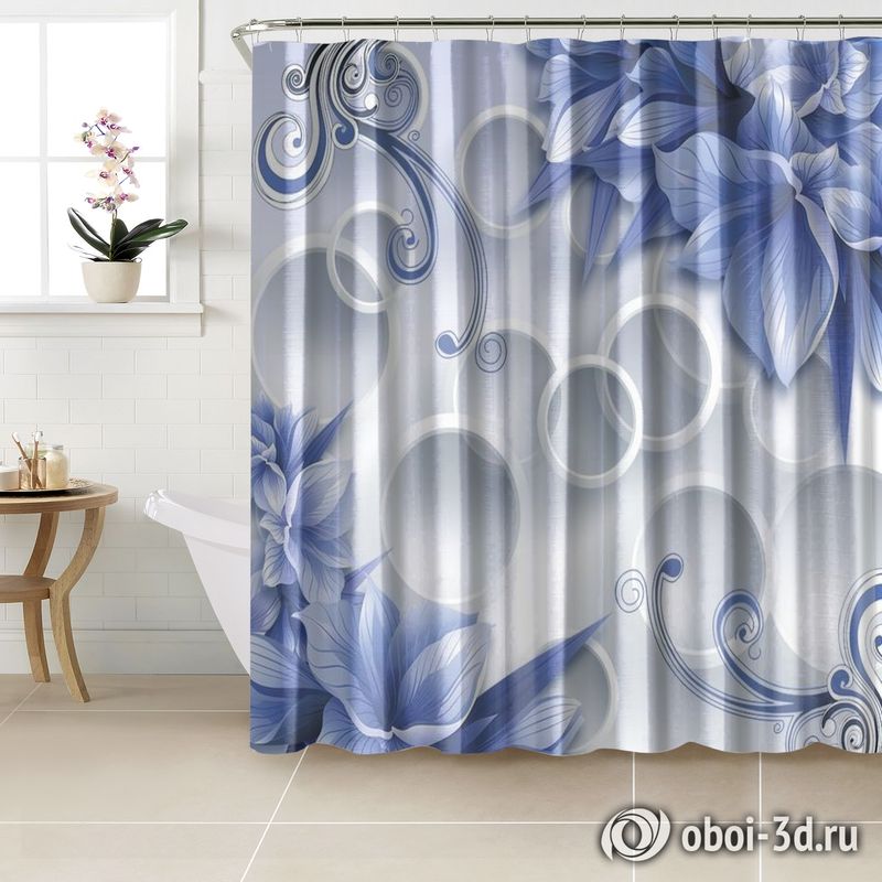 Шторы для ванной «Синие цветы на фоне с кругами» вид 3