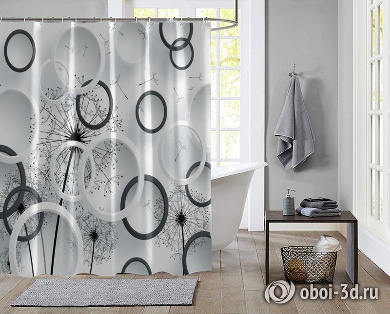 Шторы для ванной «Черно-белая объемная композиция с одуванчиками» вид 2