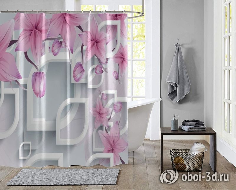 Шторы для ванной «Цветочные ветви в нежно-розовых тонах» вид 2