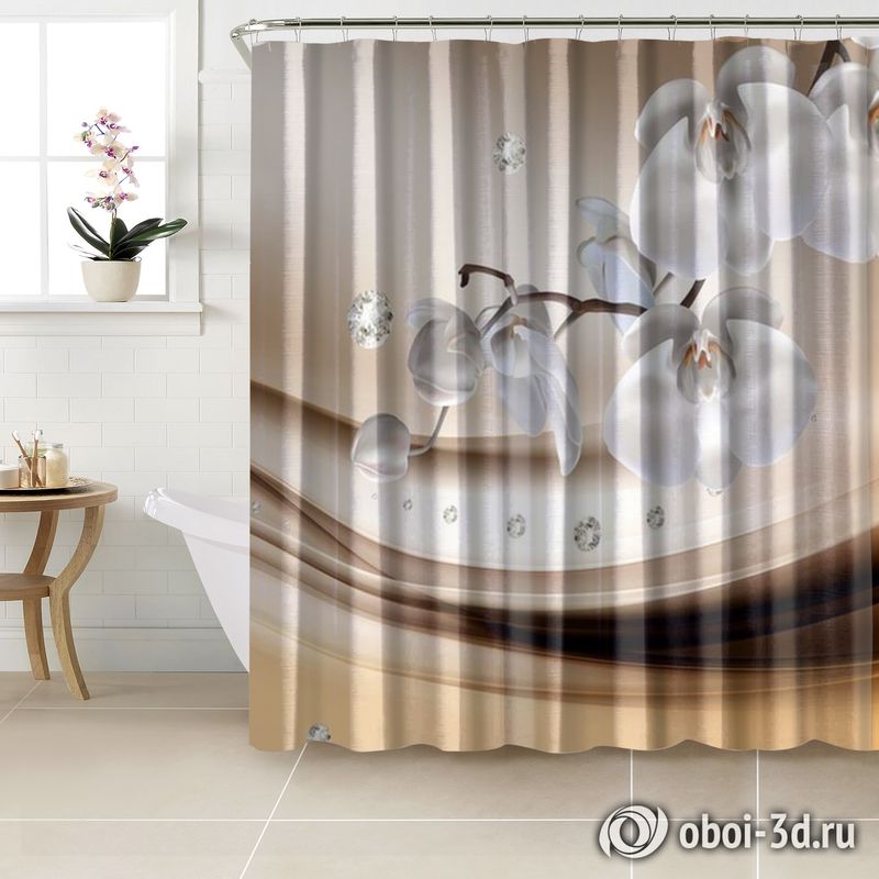 Шторы для ванной «Белые орхидеи с бриллиантами» вид 2