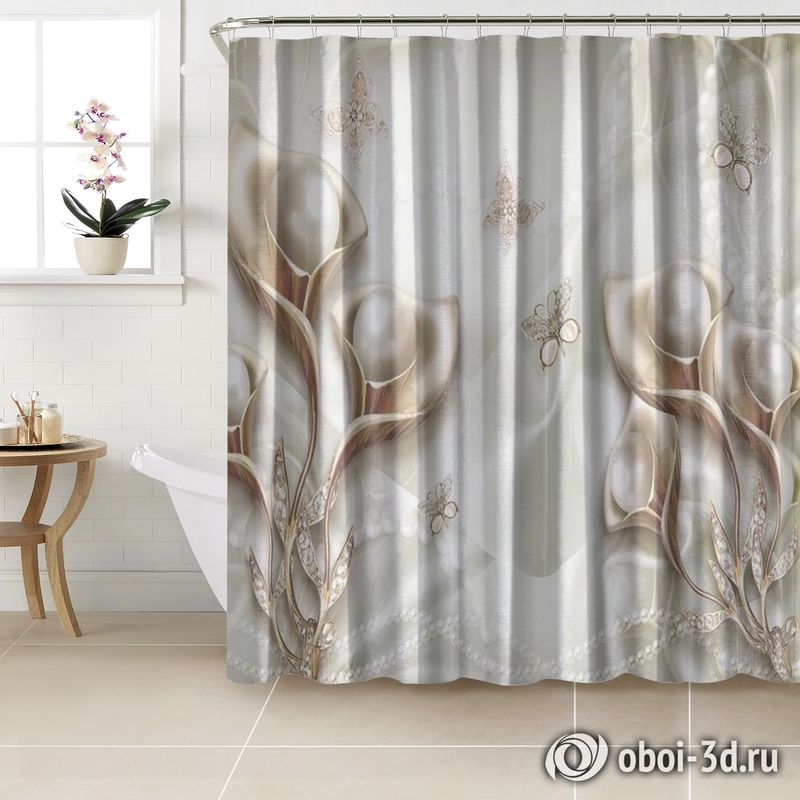 Шторы для ванной «Жемчужные каллы в окружении бабочек» вид 2