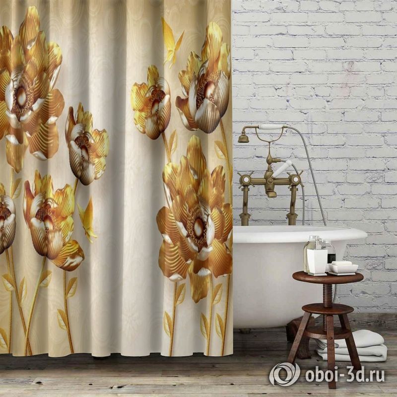 Шторы для ванной «Кованые золотые цветы» вид 6