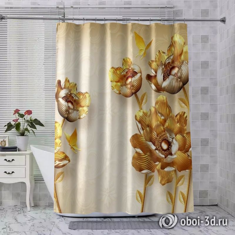 Шторы для ванной «Кованые золотые цветы» вид 3