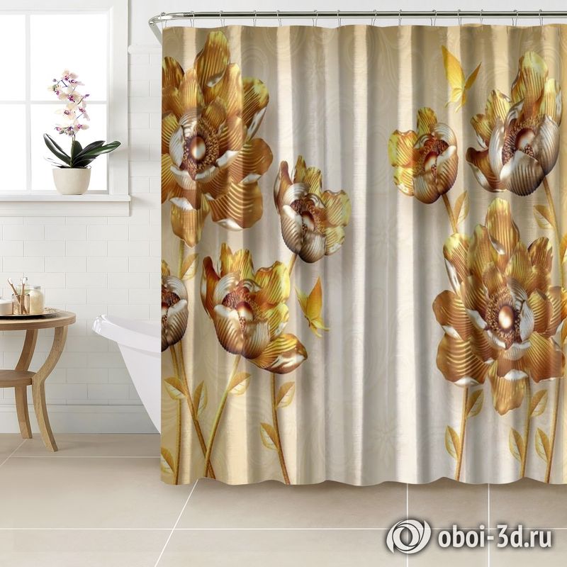Шторы для ванной «Кованые золотые цветы» вид 2
