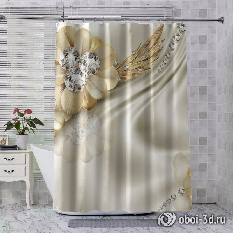 Шторы для ванной «Золотые цветы с алмазными серединками» вид 3