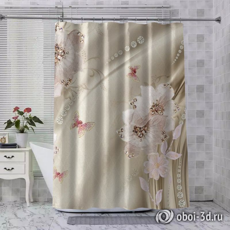 Шторы для ванной «Драгоценные цветы с рубиновыми бабочками» вид 3