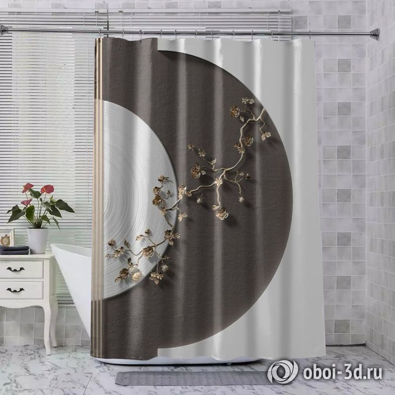 Шторы для ванной «Геометрическая композиция с золотыми цветами» вид 7