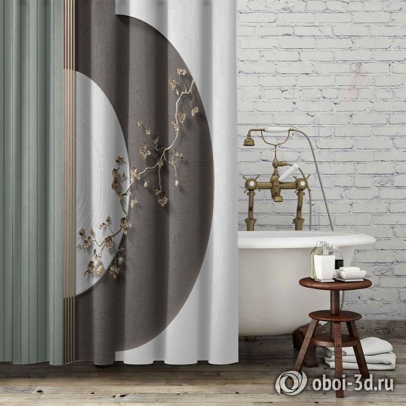 Шторы для ванной «Геометрическая композиция с золотыми цветами» вид 6