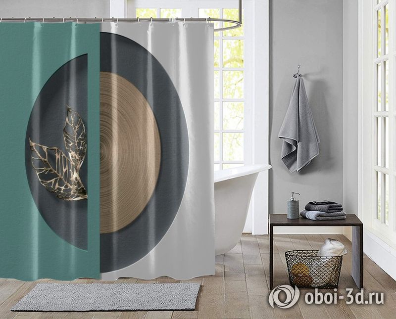 Шторы для ванной «Золотые листья в геометрической нише» вид 2