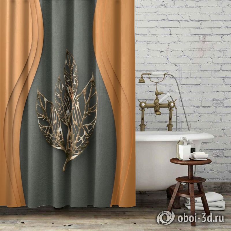 Шторы для ванной «Объемная стена с золотыми листьями» вид 6