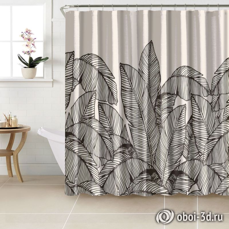 Шторы для ванной «Раскидистые листья на кремовом фоне» вид 2
