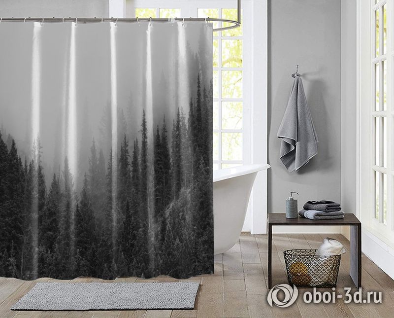 Шторы для ванной «Черно-белый лес в тумане» вид 2