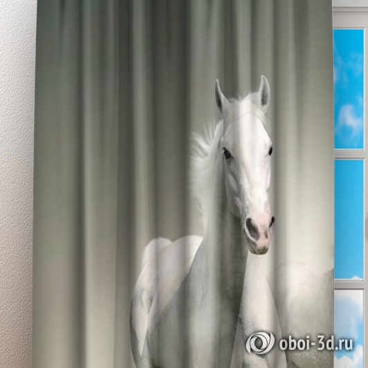 Фотошторы «Белые лошади на сером фоне» вид 3