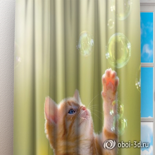 Фотошторы «Рыжий кот с мыльными пузырями» вид 3